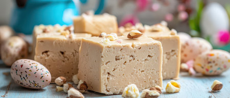 A delightful arrangement of creamy fudge topped with nuts surrounded by colorful decorative eggs on...