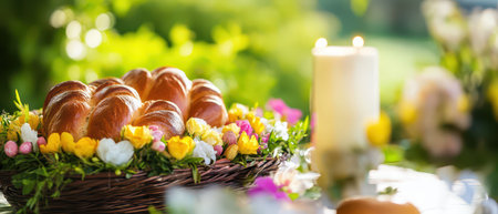 Colorful spring basket with flowers and candlesの写真素材