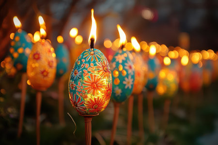 Bright eggs brighten the garden at nightの写真素材