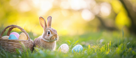 Bunny sits beside Easter eggs in sunlit grass