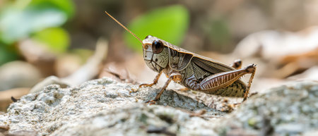 A grasshopper is perched on a rocky surface amidst greenery showcasing its intricate patterns and features in a natural environment.の写真素材