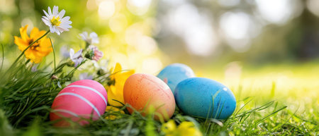 Colorful eggs on grass surrounded by flowersの写真素材