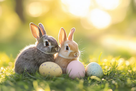Cute rabbits beside colorful eggs on grass