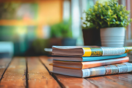 A stack of colorful magazines rests on a wooden table beside a small potted plant creating a cozy and inviting atmosphere indoors.の写真素材