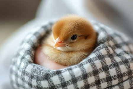 Soft chick resting in hands during early morning