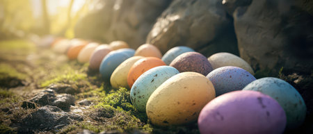 Colorful eggs arranged outdoors in natural settingの写真素材