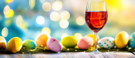 Colorful eggs and drinks boost festivityの写真素材