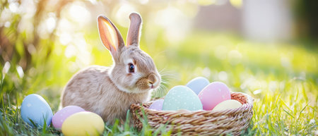 Bunny with pastel eggs in grass