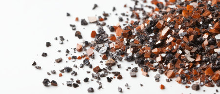 Bright orange and black crystals are artfully scattered across a white background showcasing their unique textures and colors.の写真素材