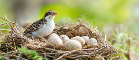 Bird sits protectively over its nest and eggsの写真素材