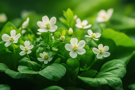 White flowers blooming among lush green leavesの写真素材