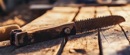 A worn hand saw lies on a rustic wooden table in a workshop surrounded by various tools catching soft sunlight in the afternoon.の写真素材