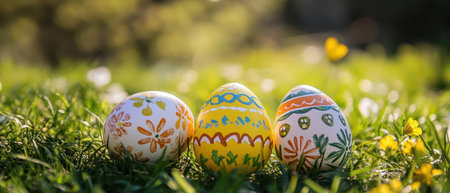 Colorful decorated eggs resting on green grass