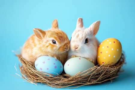 Cute rabbits with colorful eggs in a nest