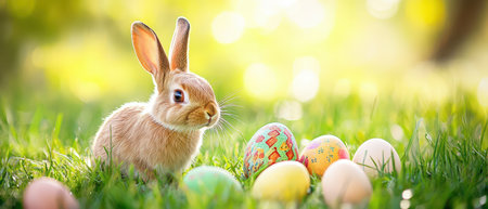 Cute rabbit near colorful Easter eggs on grass
