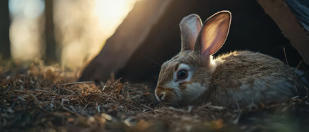 Rabbit resting in sunlight near wooded areaの写真素材