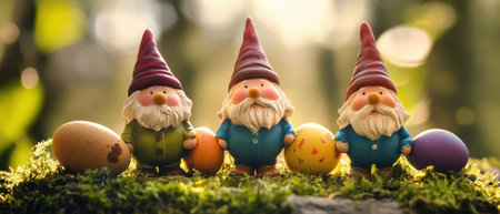 Gnomes celebrate spring with colorful eggsの写真素材