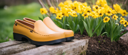 Stylish yellow shoes resting by blooming flowers