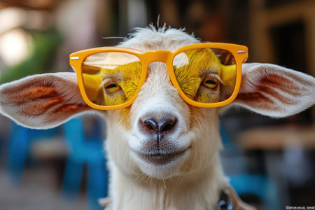 A cheerful goat sporting bright yellow sunglasses relaxes outdoors showcasing its playful personality under the warm sun at a lively location.の写真素材