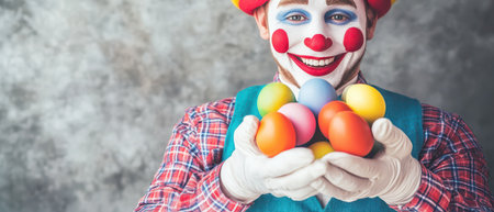 Clown with colorful eggs celebrating joy