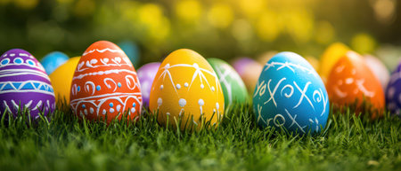 Colorful decorated eggs scattered on grass