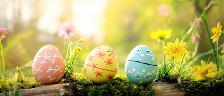 Colorful Easter eggs among spring flowers outdoors