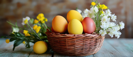 Colorful eggs and flowers in a basket