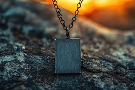 A metal necklace is suspended on a textured rock illuminated by the warm glow of a sunset background creating a serene atmosphere.の写真素材