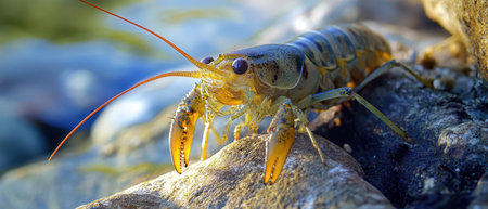 A freshwater crayfish is crawling over rocks near a calm body of water while enjoying a sunny day...