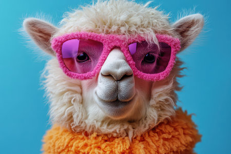 A playful llama poses with pink sunglasses and a fluffy orange sweater against a bright blue background showcasing its charming personality.の写真素材