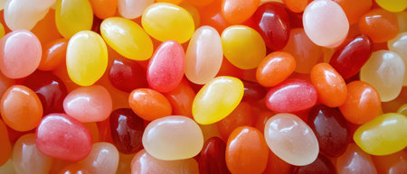 A vibrant assortment of jelly beans in various colors fills the surface. The candies create a...