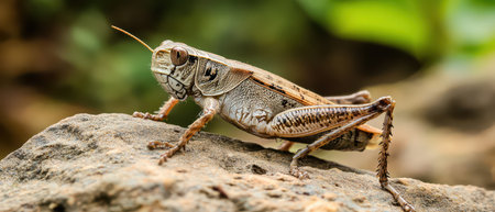 A grasshopper sits on a rock in a lush green environment observing its surroundings during a sunny...