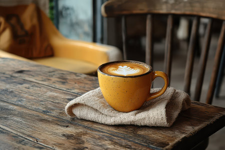 A warm yellow cup of coffee sits on a textured cloth atop a rustic wooden table in a cozy cafe setting.の写真素材