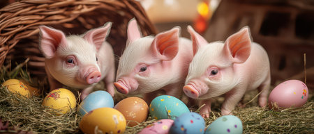 Cute piglets explore colorful Easter eggsの写真素材