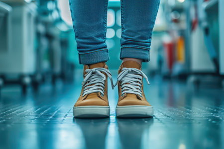A person in trendy sneakers stands confidently in a bright hallway merging fashion with casual comfort.の写真素材