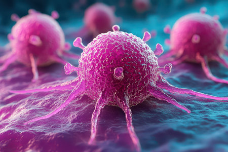 Microscopic view of cancer cells shows complex tentacle like structures emphasizing their movement...