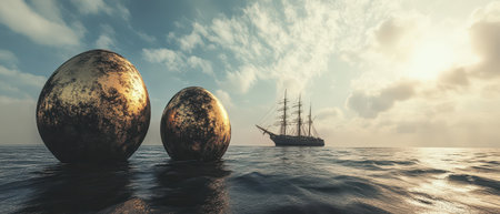 Ship sailing near large mysterious orbs at sunsetの写真素材