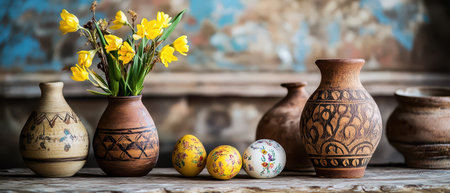 Vibrant pottery and spring blooms on table