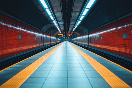 A subway platform features bright blue lights and red tiles creating a vibrant atmosphere in an underground station.の写真素材