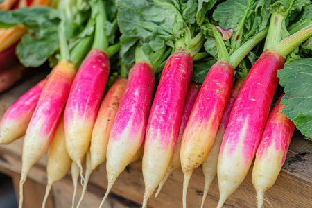 Bright pink and white radishes are arranged neatly on a wooden table at a local market inviting...