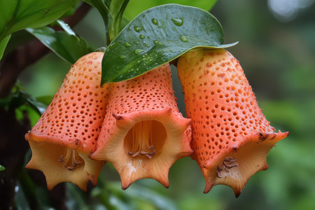 Three distinct orange flowers hang gracefully from green foliage showcasing unique textures with spots and droplets of water.の写真素材