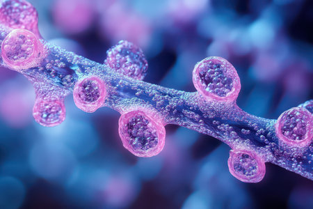 Colorful cellular structures appear vibrant and detailed showcasing the intricate design of a microscopic world in a scientific exploration.の写真素材