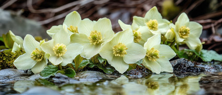 Delicate yellow flowers grow near a tranquil rocky stream reflecting their beauty in the calm water under soft light.の写真素材