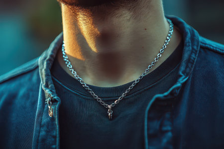 A man wearing a silver chain necklace stands outdoors in soft light showcasing a casual yet stylish...