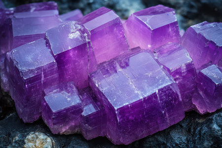 Close up view of vibrant purple crystals resting on a textured stone surface showcasing their unique...