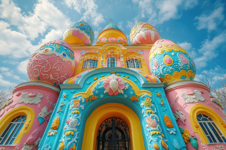 Colorful decorative building with eggs on displayの写真素材