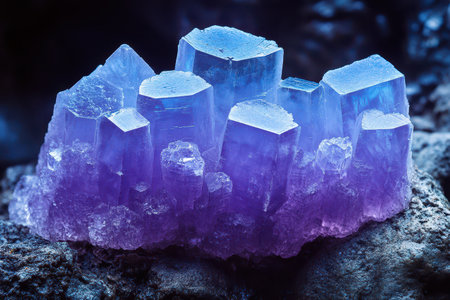 A stunning cluster of purple crystals glimmers in natural light showcasing unique shapes and...