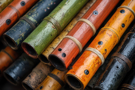 Various bamboo flutes in vibrant colors are neatly arranged for sale at a local market showcasing craftsmanship and cultural artistry.の素材