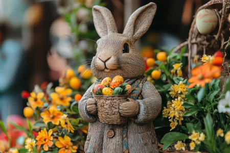 A decorative rabbit figurine holds a basket of colorful flowers surrounded by bright blossoms in a festive setting.の素材