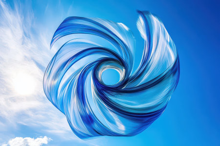 Bright blue fabric swirls form a spiral shape amid a clear sky creating a dynamic visual effect during a sunny day.の素材
